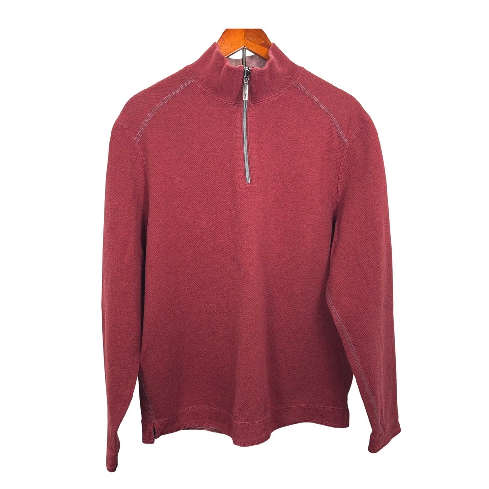 Tommy Bahama Mens Large Reversible Quarter Zip‎ Pullover Burgundy Striped Cotton